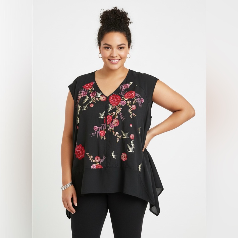 Torrid Plus Size 3 Black Floral Bird Print Chiffon Blouse Flowy V-Neck Top